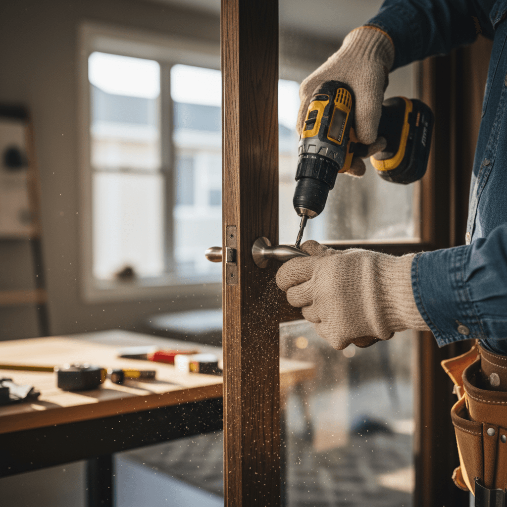 handyman using drill to install shelf in living room with natural light
