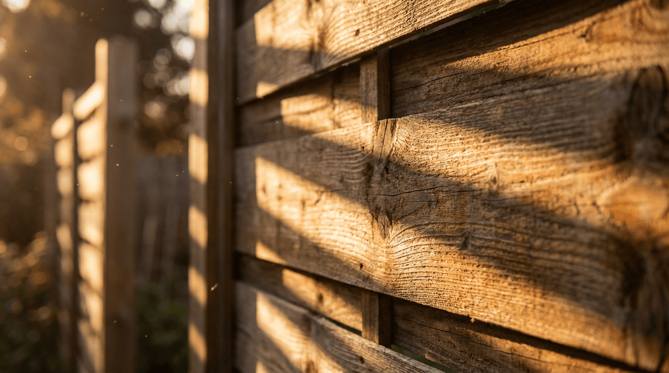 Fence repair with fresh stain in a backyard
