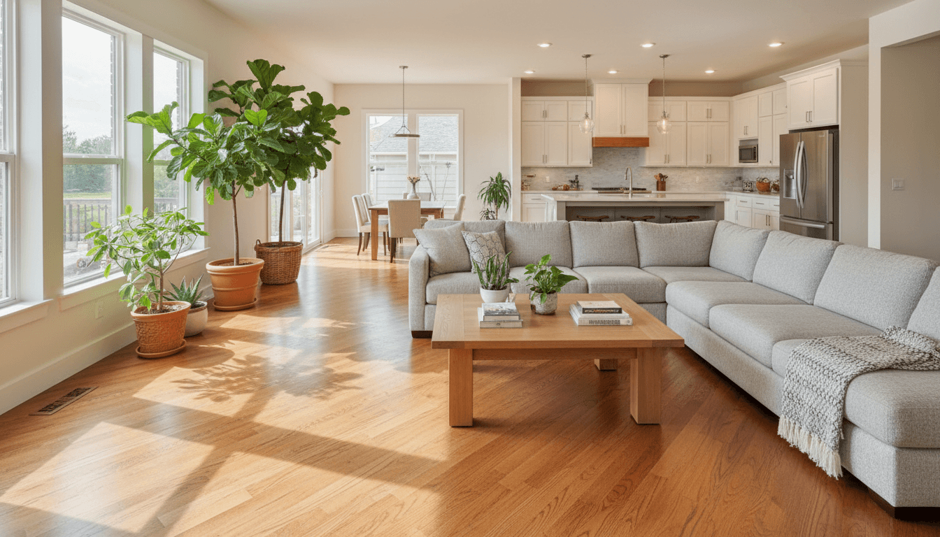 New wood floor installation in bright living room with natural light