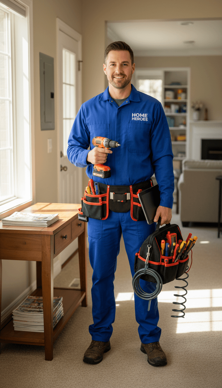 Friendly handyman in work clothes holding tools outside service van