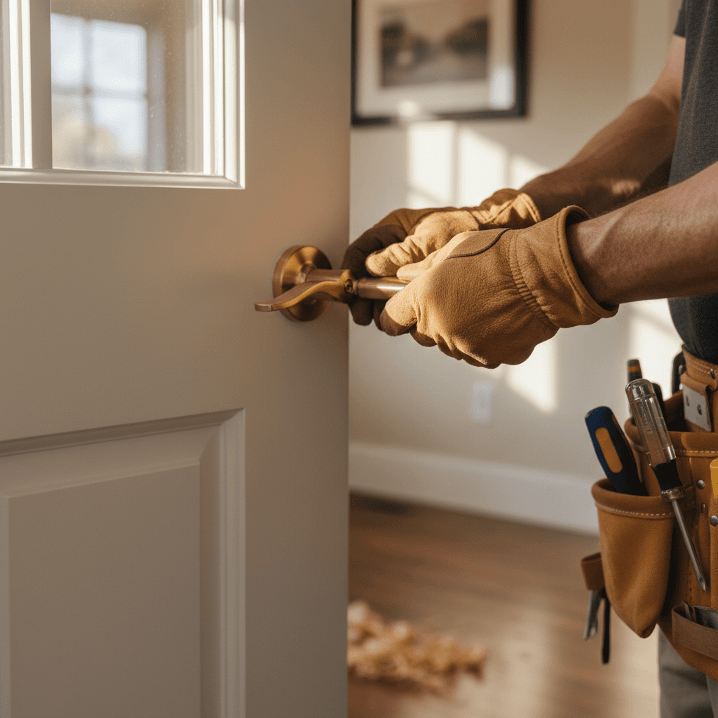 professional handyman holding toolbox standing in a bright modern home hallway