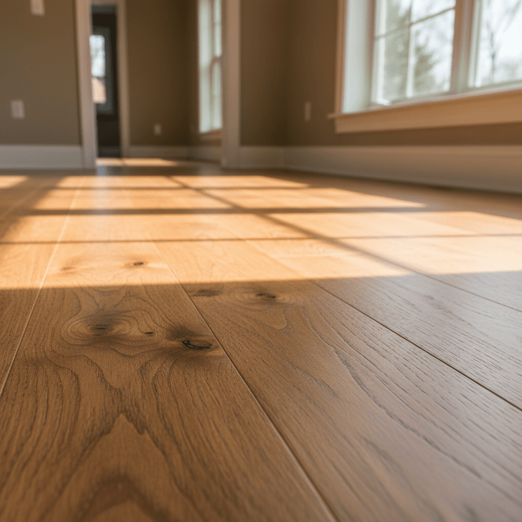 Newly installed hardwood floor planks with tight seams