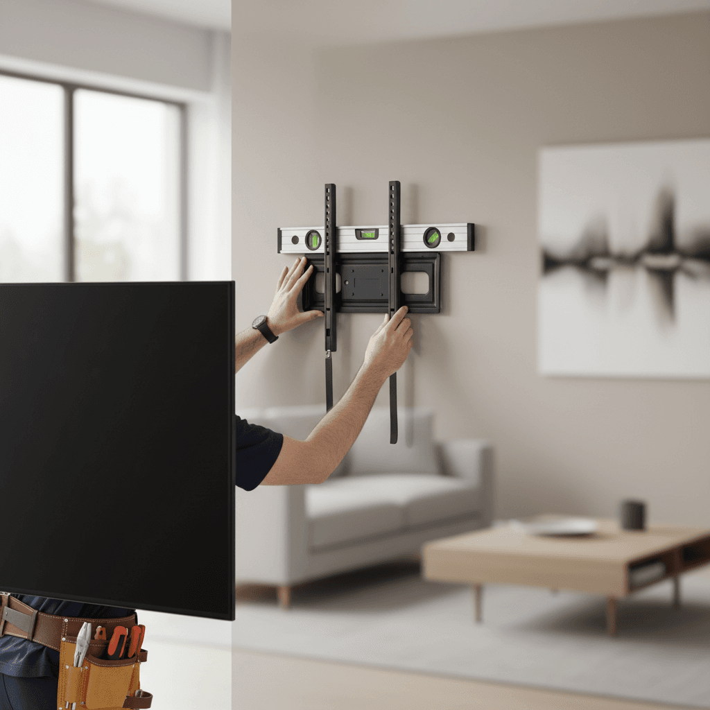 Handyman mounting a flat screen TV on a wall with a level