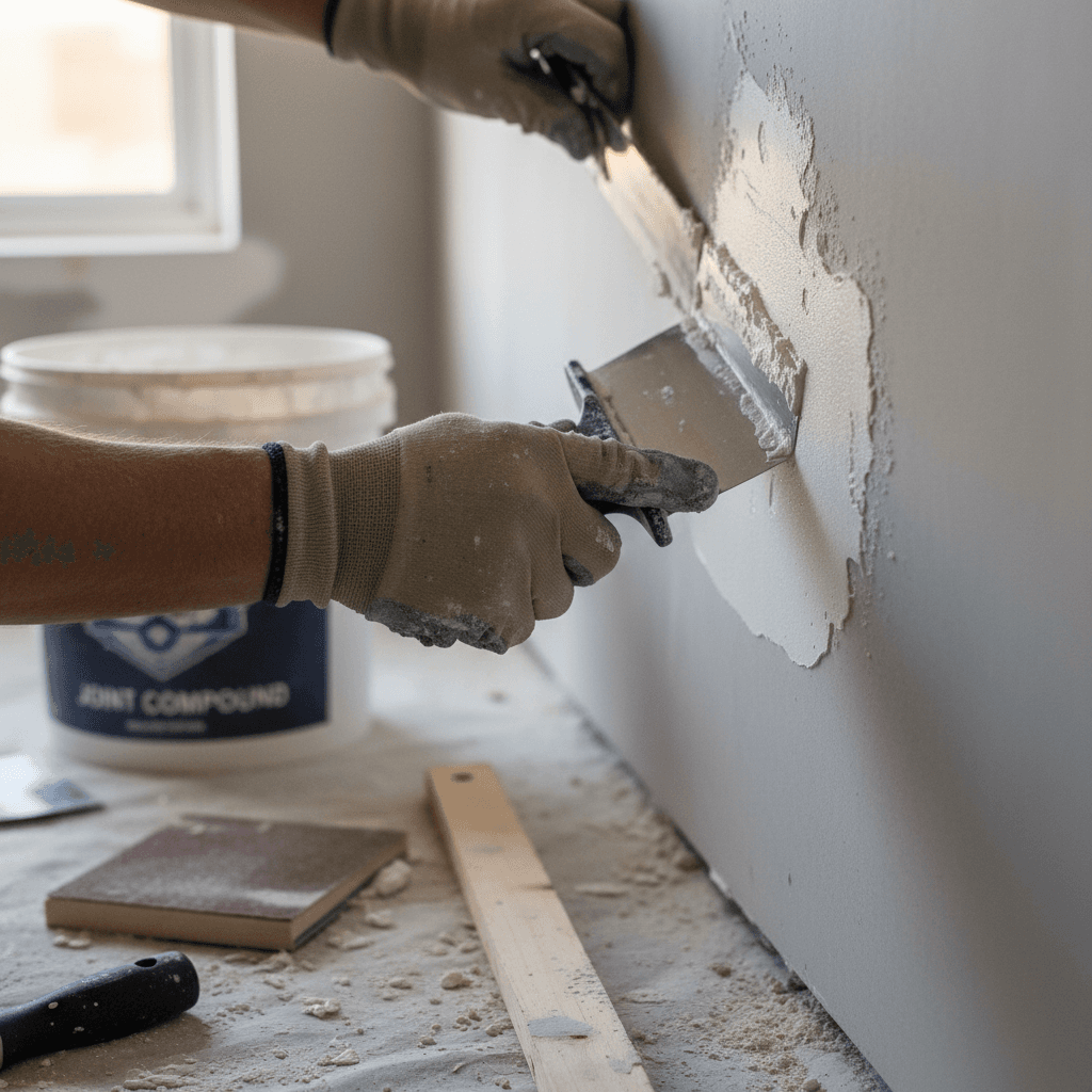 Smooth drywall patch repair on white wall after hole was fixed