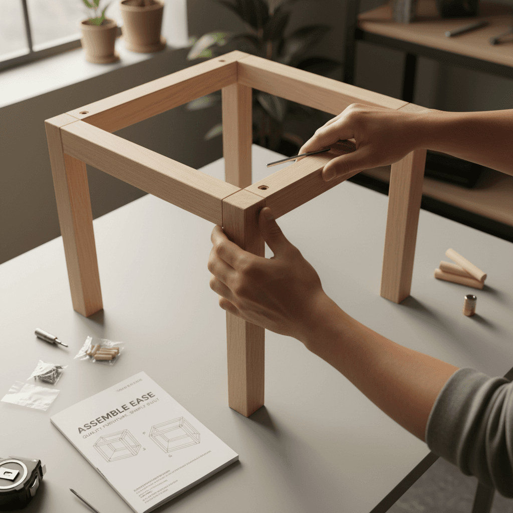 Handyman assembling flat-pack furniture in clean modern apartment