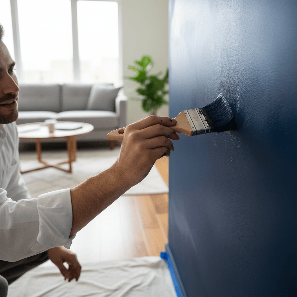 Painter applying fresh blue paint to interior living room wall