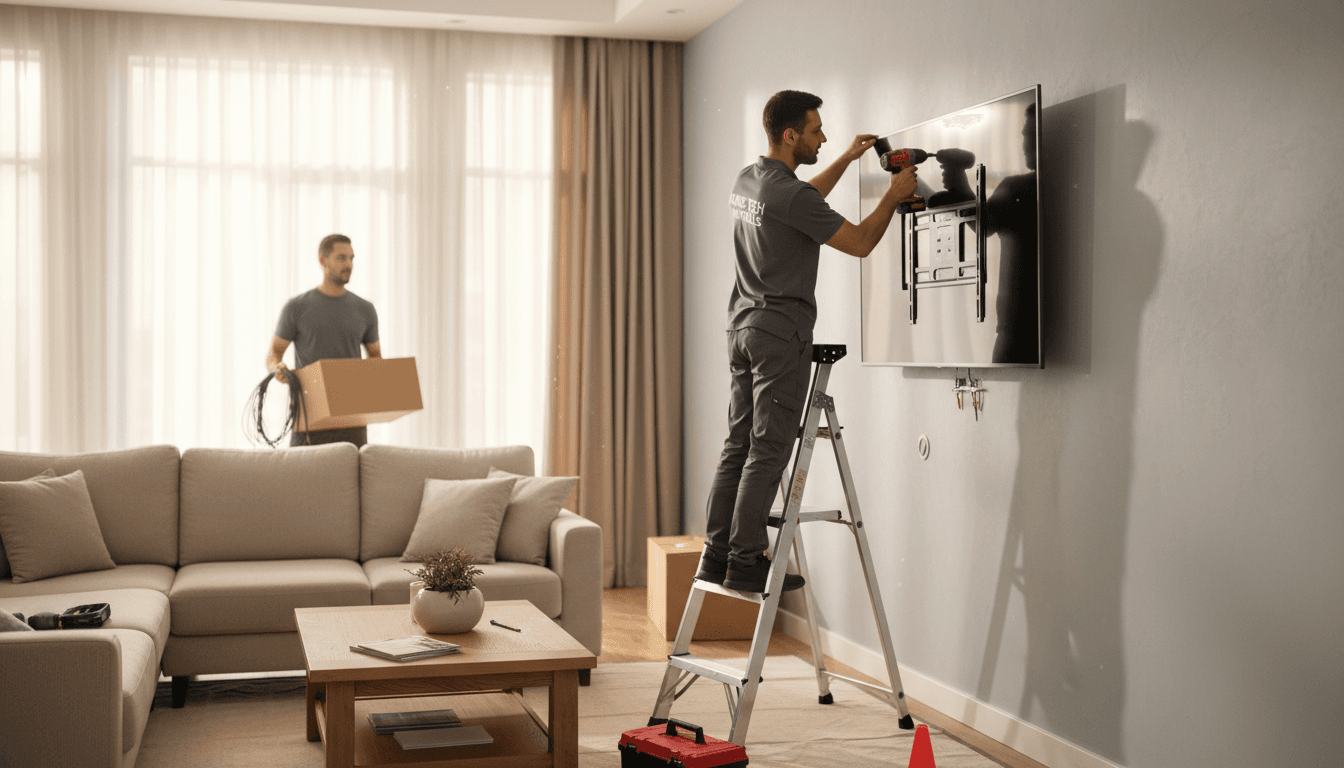 TV mounted flush on a wall with cord management