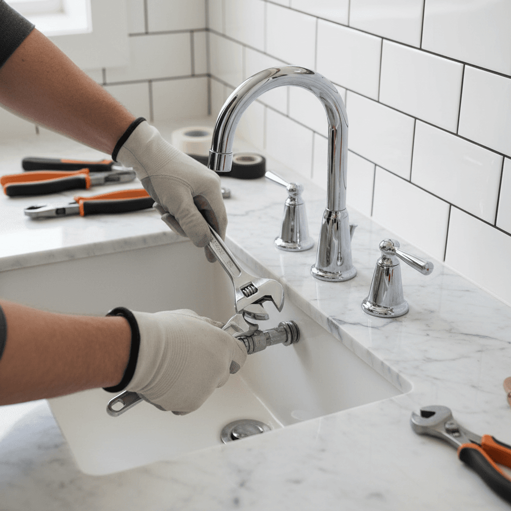 Professional handyman installing new bathroom faucet with wrench