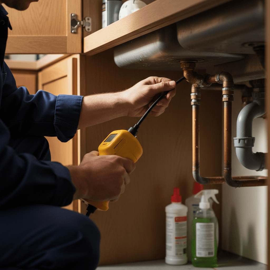handyman crouching to inspect pipe leak under kitchen sink with flashlight in hand