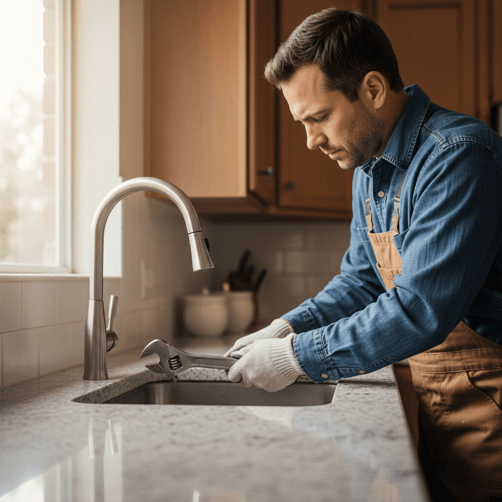 handyman fixing a faucet in a clean modern kitchen with natural light